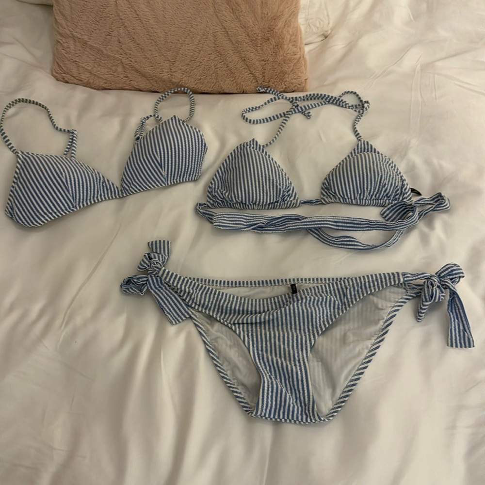 Blue and white striped J.Crew size medium bikini with two different top options.